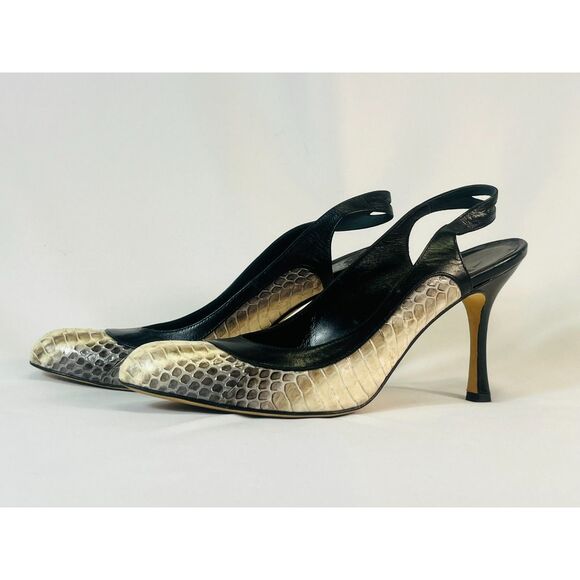 Manolo Blahnik Snakeskin Heels Black Ivory Gray EU 37 1/2/US 7 EUC Strappy - Picture 1 of 13